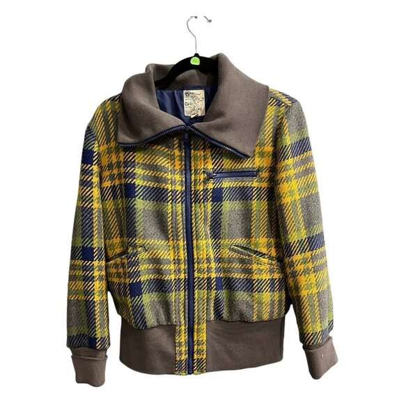 Tulle Jacket Womens XL Yellow Plaid Zip Up Gray Ribbed Trim Fold Collar Gorpcore - Picture 1 of 10